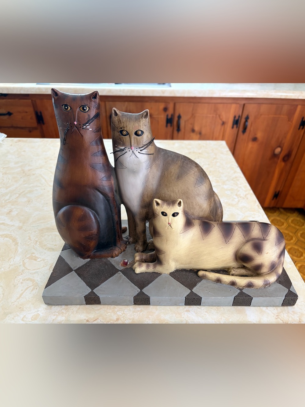 Vintage David Harden Folk Art Three Cats Wood Resin Sculpture, 2002